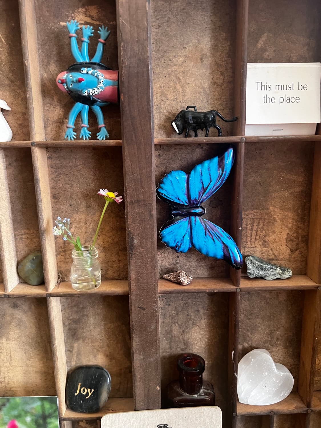 A printer's tray on the wall, holding small treasures — a blue butterfly, stones, a tiny vase of flowers, and a card reading 'This must be the place'